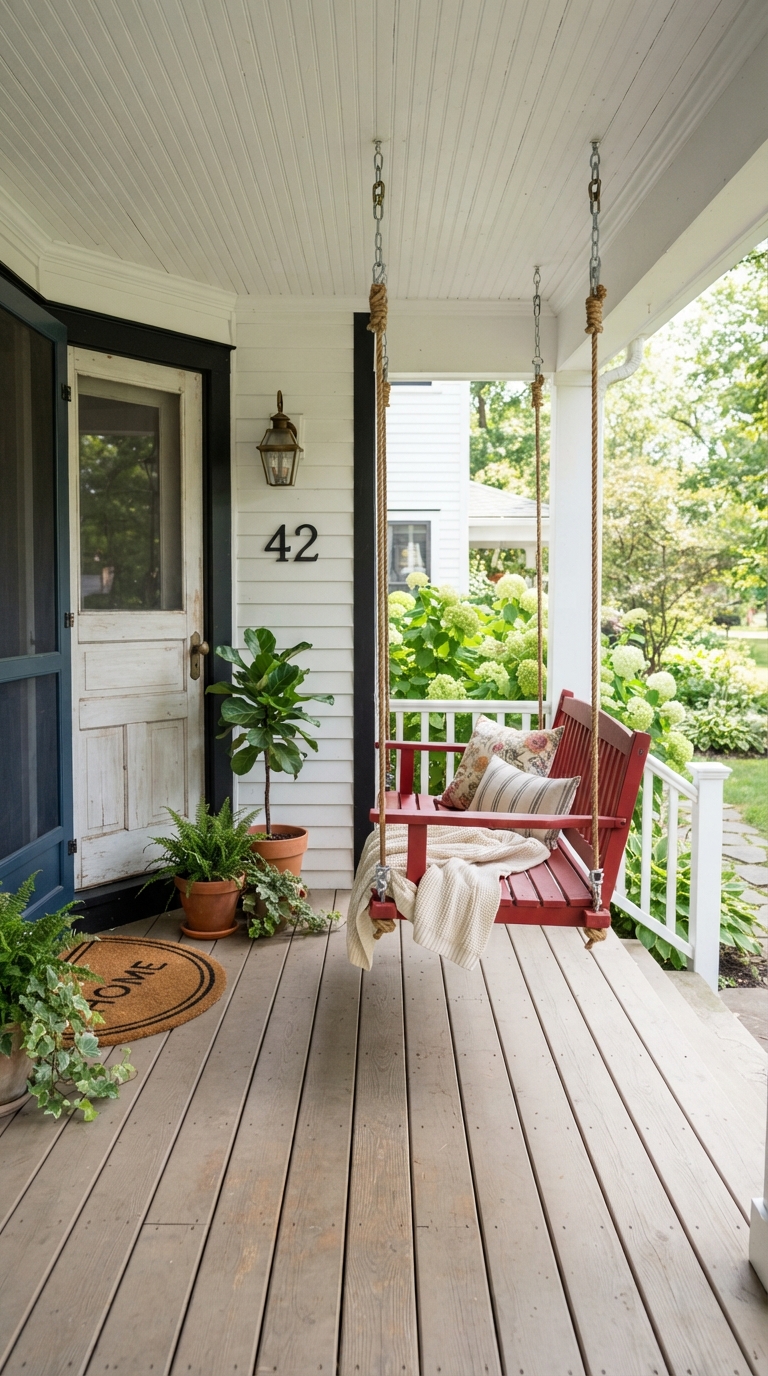 Bold red porch swing color idea for a vibrant front porch