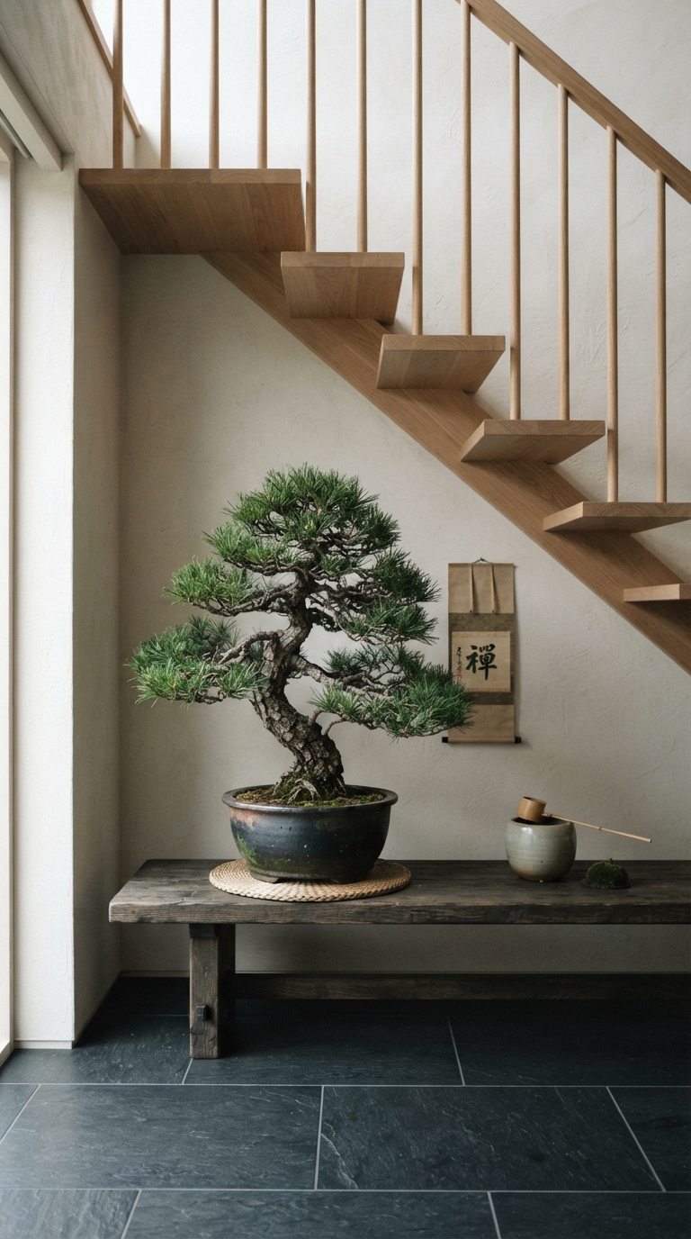 Bonsai tree styled in a Japanese-inspired garden corner under a staircase