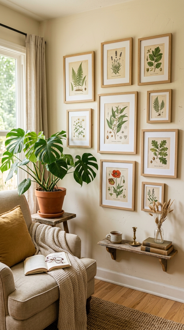 Botanical print gallery wall in light wood frames