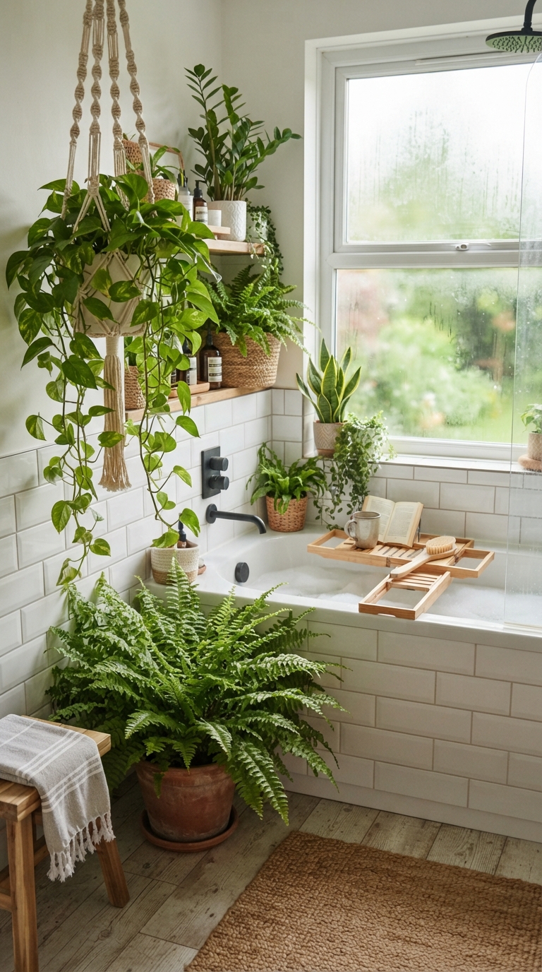Botanical jungle corner bathtub decor with hanging plants