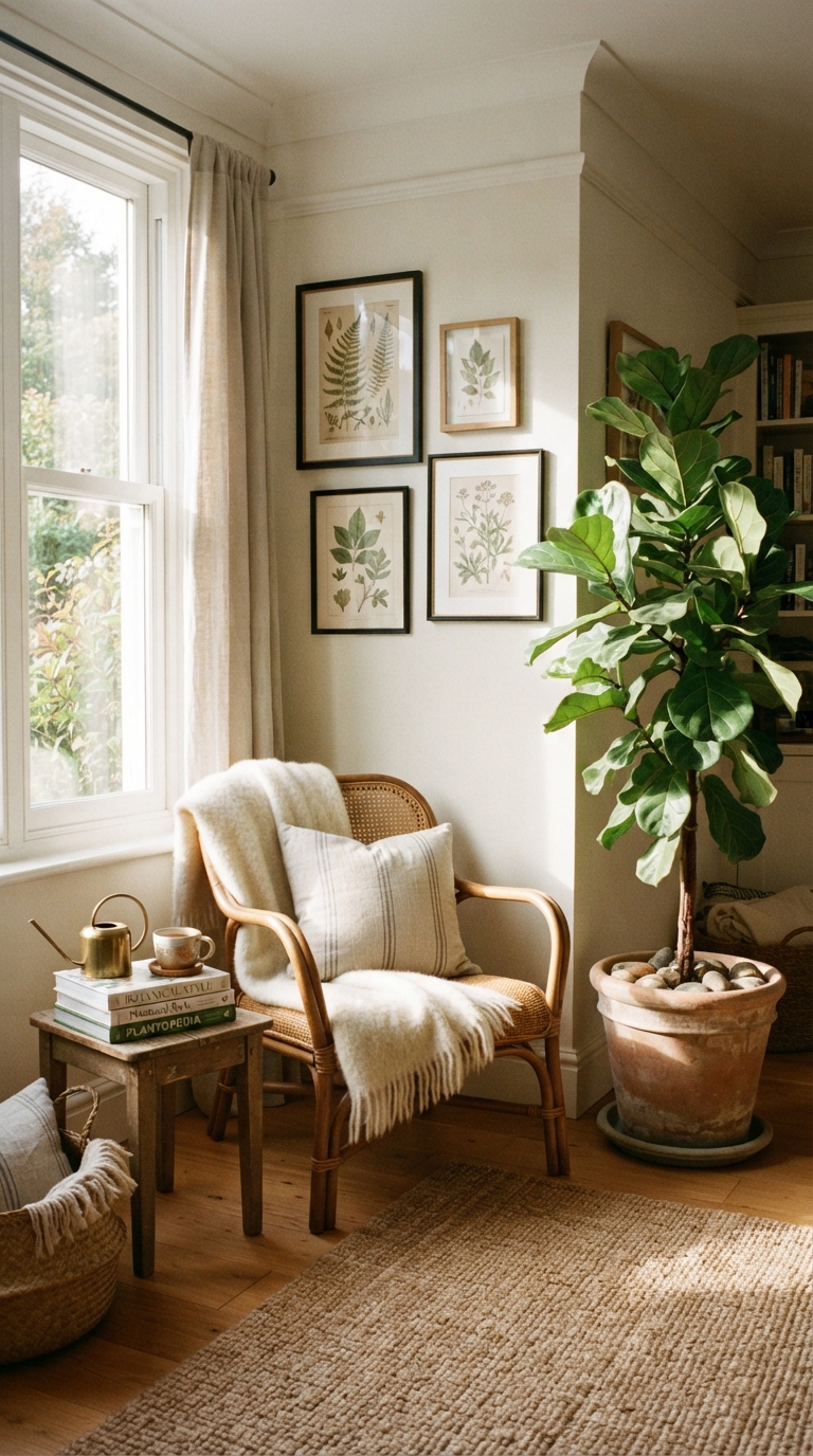 Corner gallery wall with botanical prints and a real plant accent