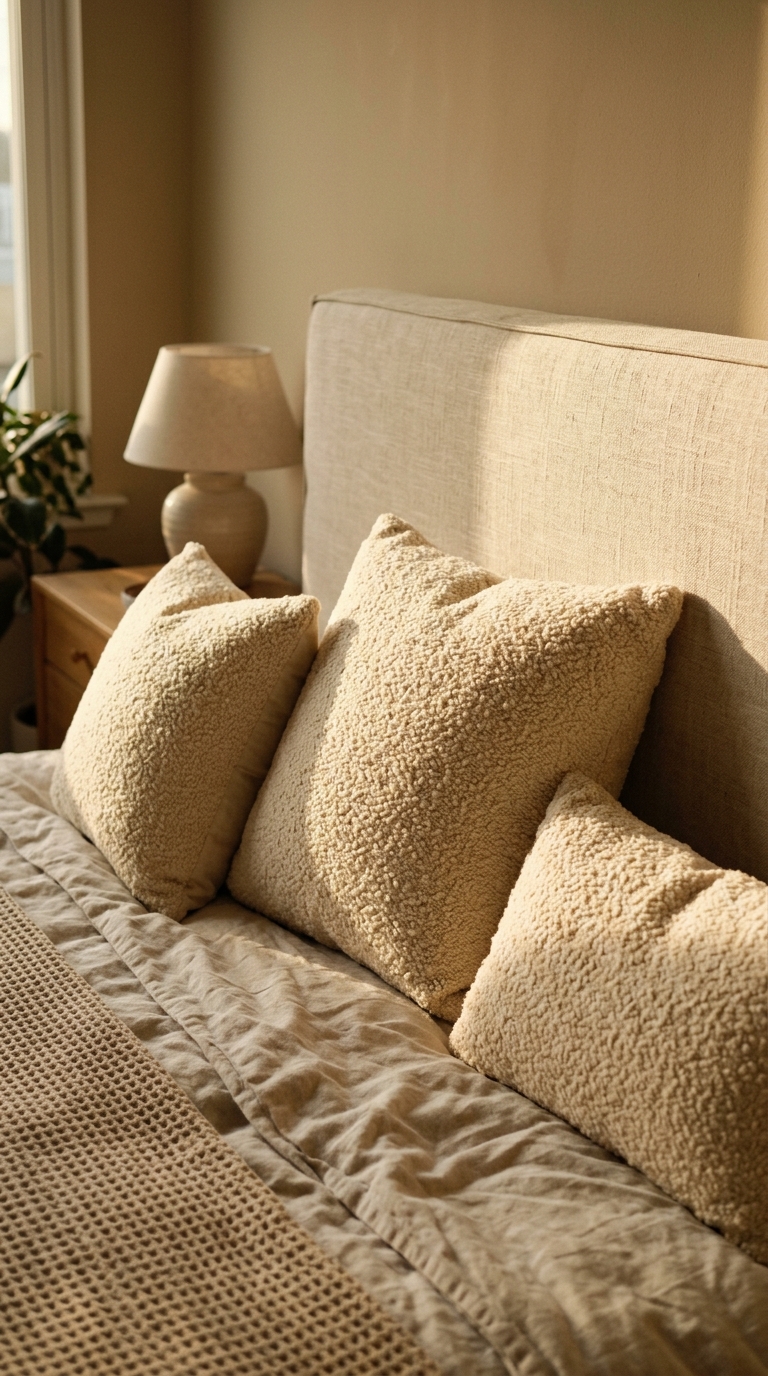 Bouclé accent pillows styled on a fall bedroom bed