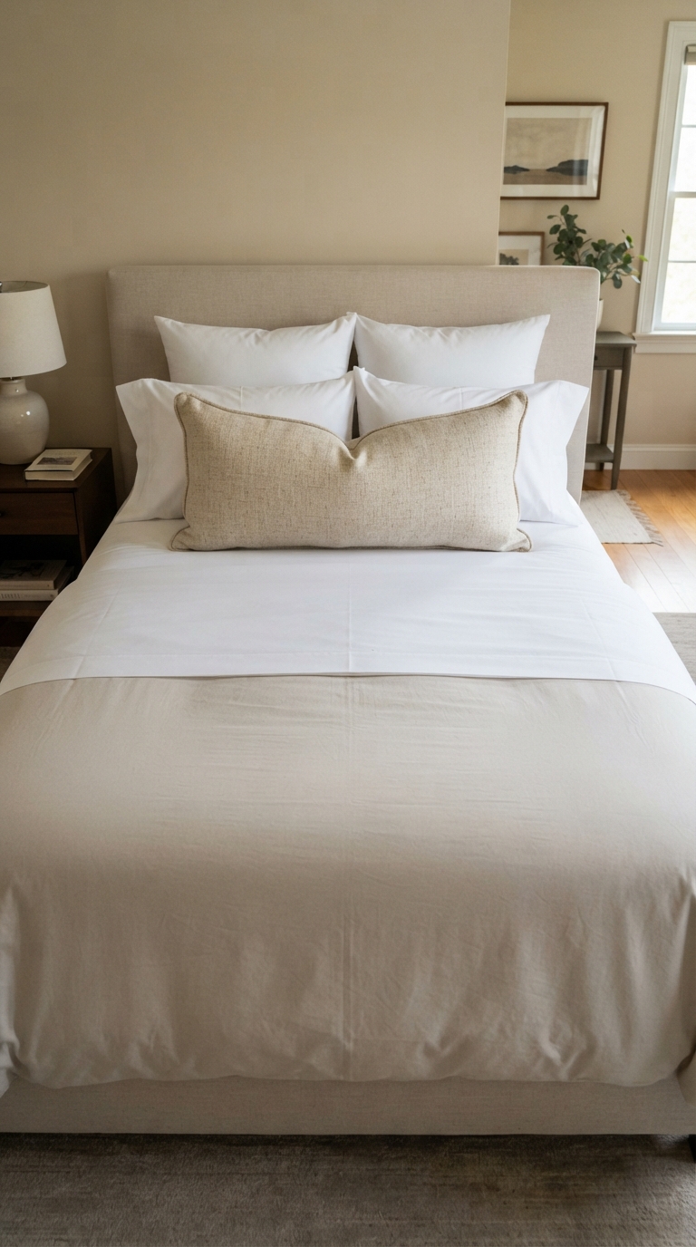 Boutique hotel-style bed layering in a fall bedroom