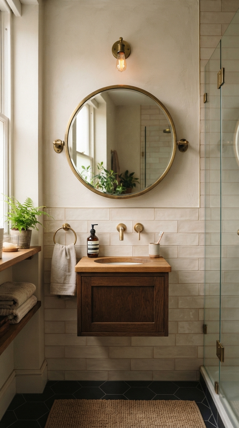 Brass pivot mirror mounted in a small bathroom vanity space