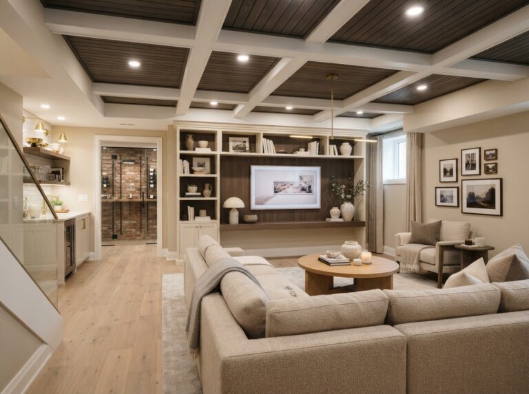 Modern basement featuring a creative ceiling design with wood accents, recessed lighting, and a cozy finished living space