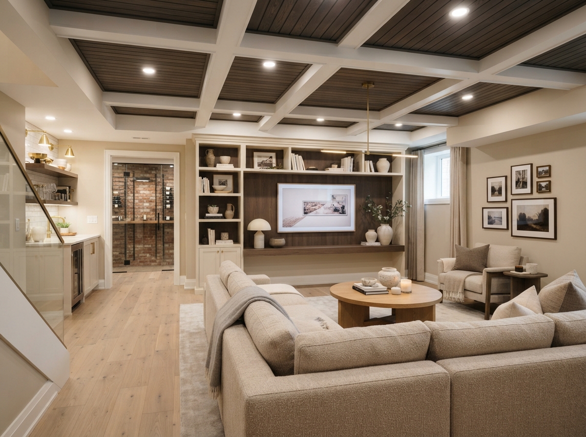 Modern basement featuring a creative ceiling design with wood accents, recessed lighting, and a cozy finished living space