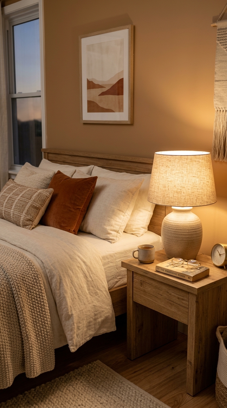 Cozy bedroom with a warm fabric shade bedside lamp