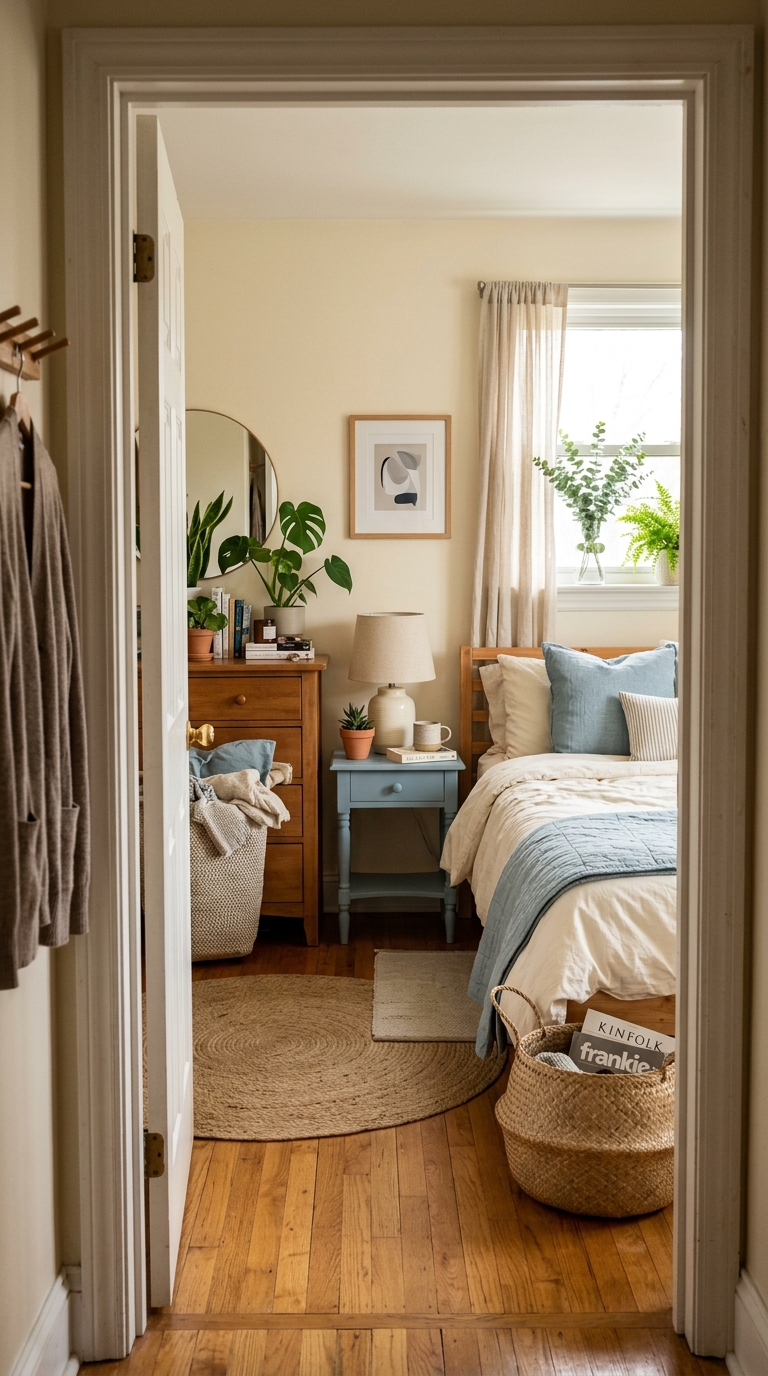Budget coastal bedroom refresh with blue accents and new bedding