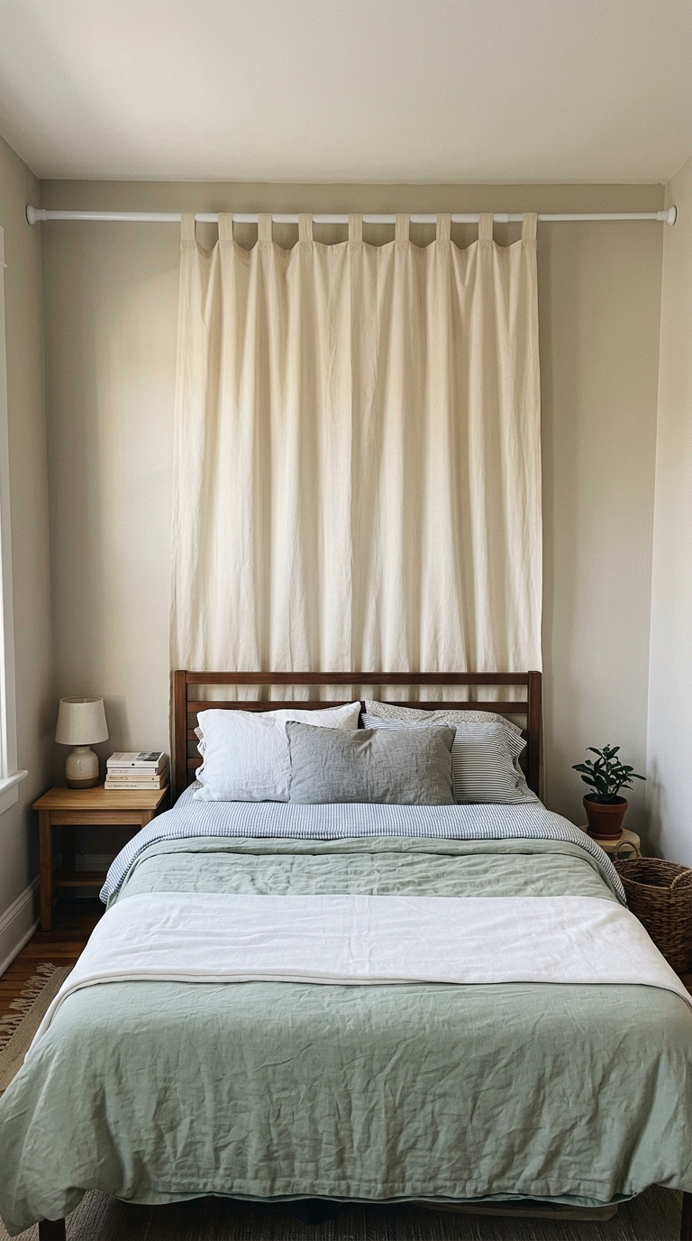 Budget DIY canopy bed using a tension rod and curtain panel
