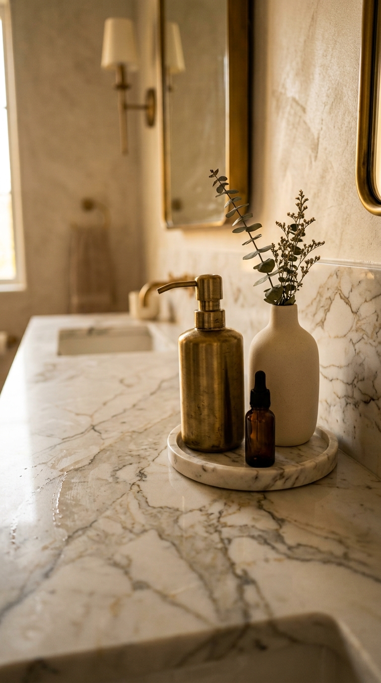 Luxury marble-look bathroom counter decor