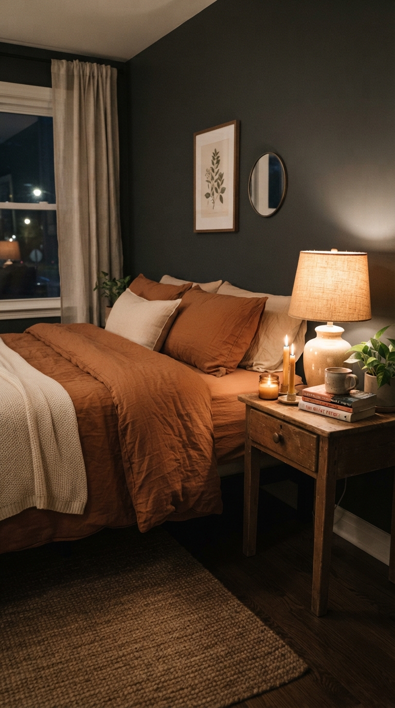 Budget-friendly moody fall bedroom refresh under $150 with new bedding and lighting