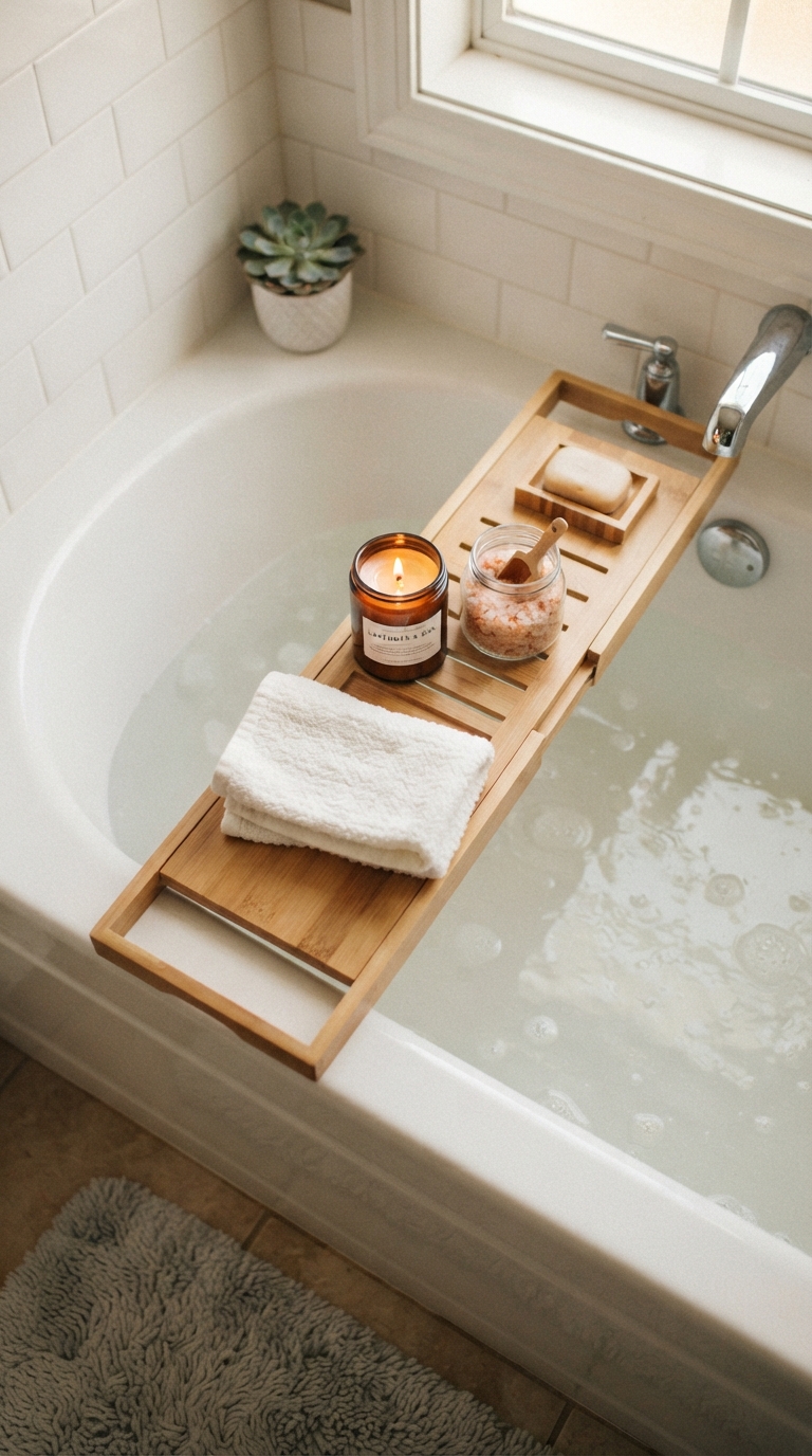 Budget-friendly bamboo bath tray styled for a spa bathtub setup