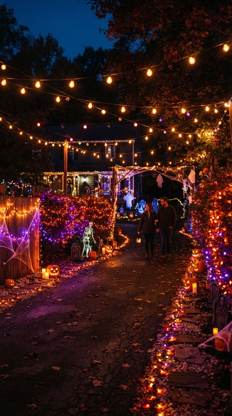 Layered budget string lights creating a full glow on a Halloween driveway.