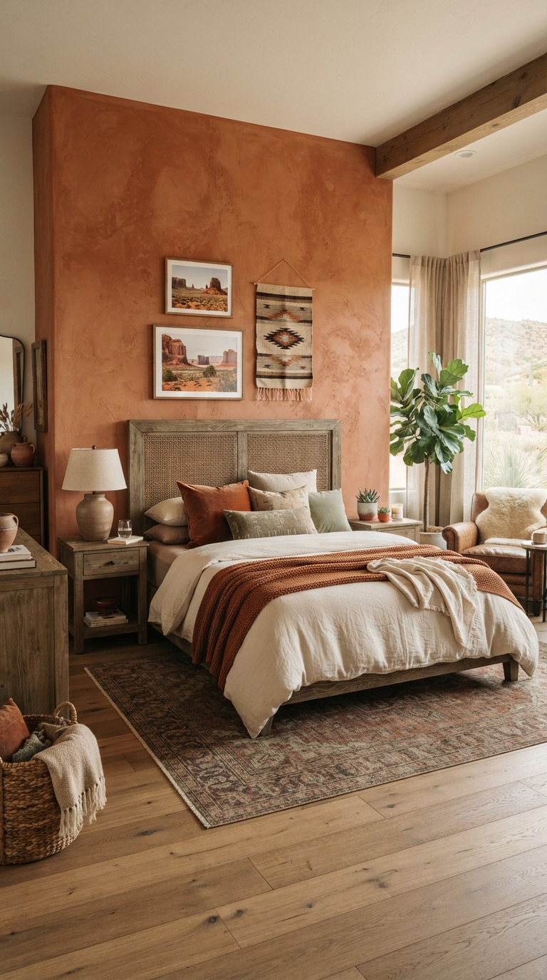 Terracotta accent wall in a budget-friendly Western bedroom
