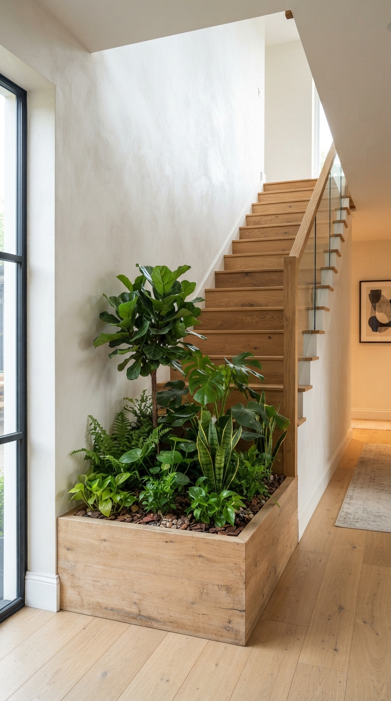 Built-in planter box styled with greenery under a staircase.