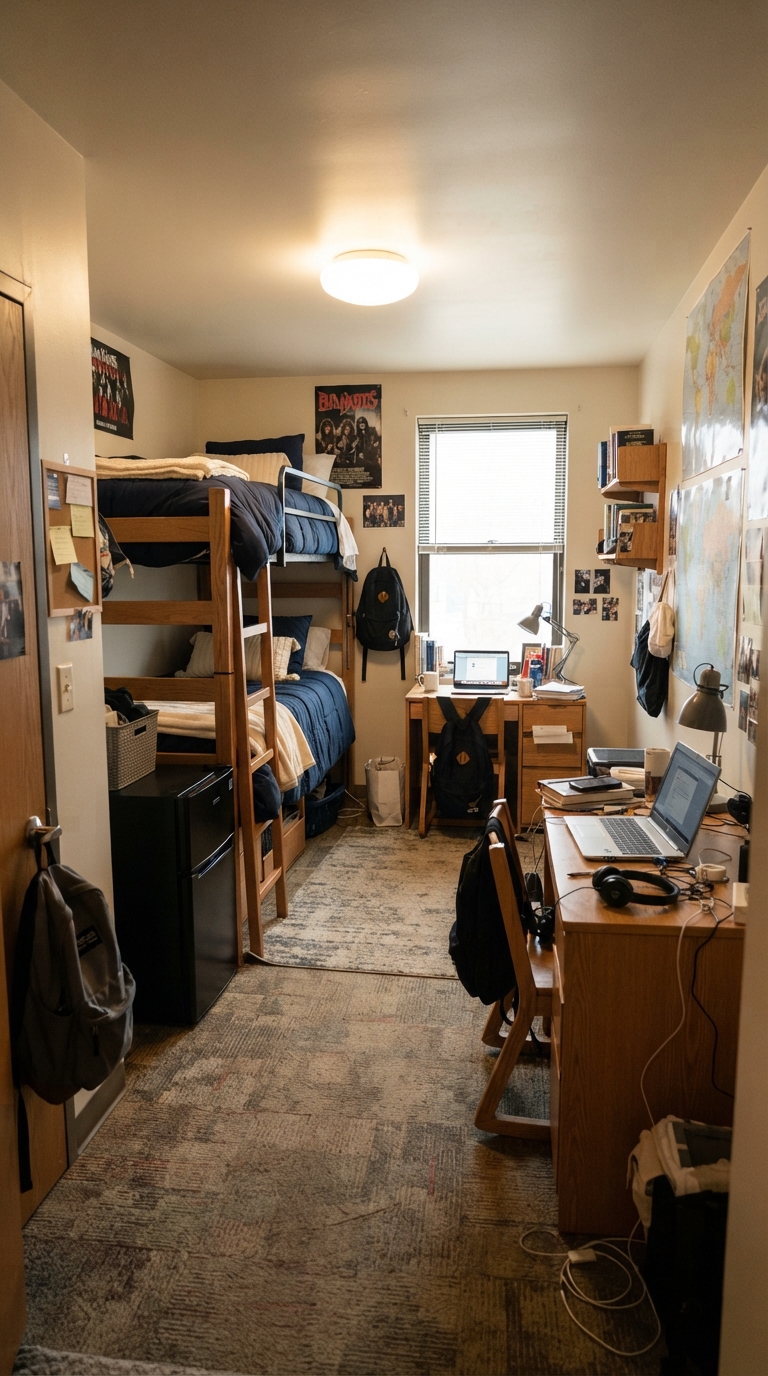 Dorm room with bunk beds and desks positioned on opposite walls for shared privacy