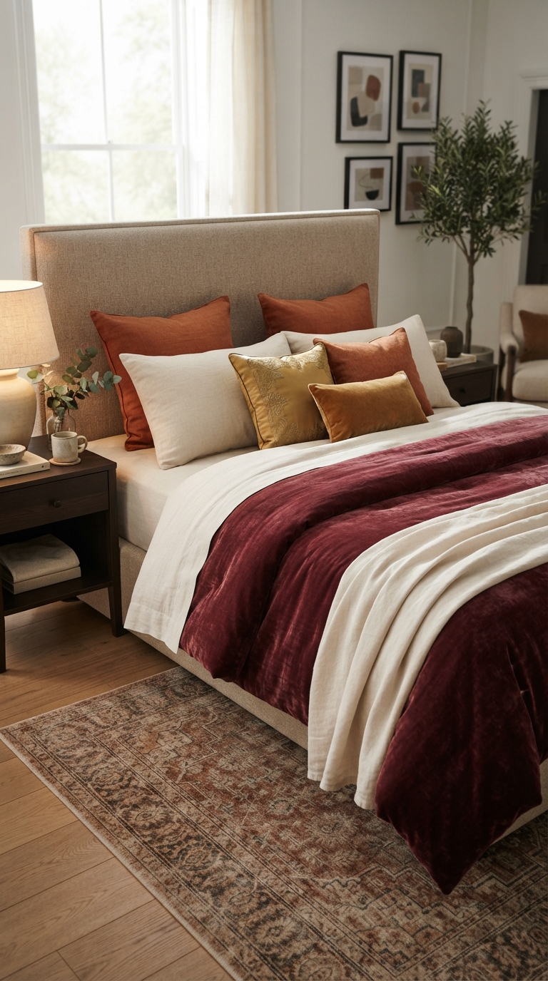 Burgundy velvet bedding layered with linen sheets for a moody fall bedroom look