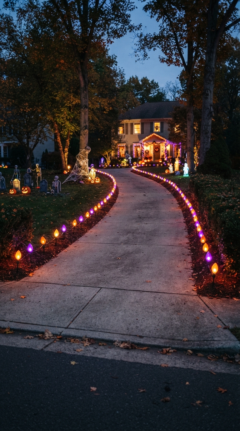 Large orange and purple bulbs bordering a Halloween driveway.