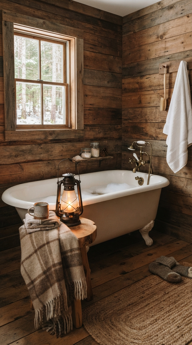 Cabin corner calm bathtub decor with wood paneling