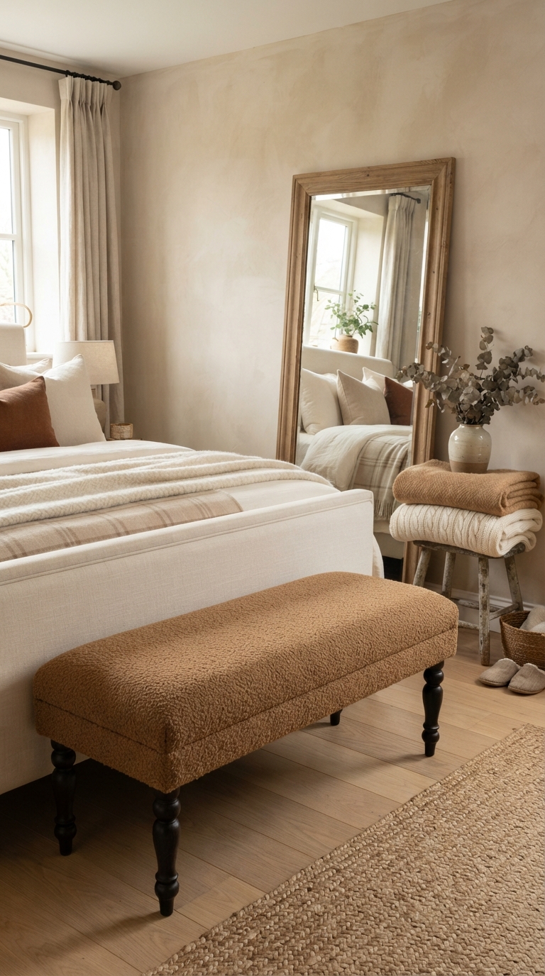 Camel and cream color palette styled in a fall bedroom. Olive Green Bedding Accent