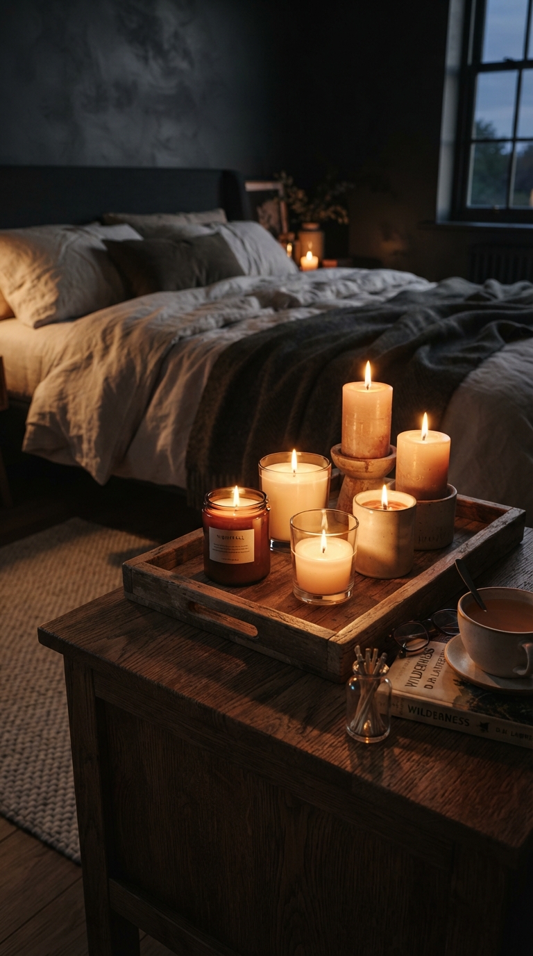 Candlelight and warm lighting styled on a nightstand in a moody fall bedroom