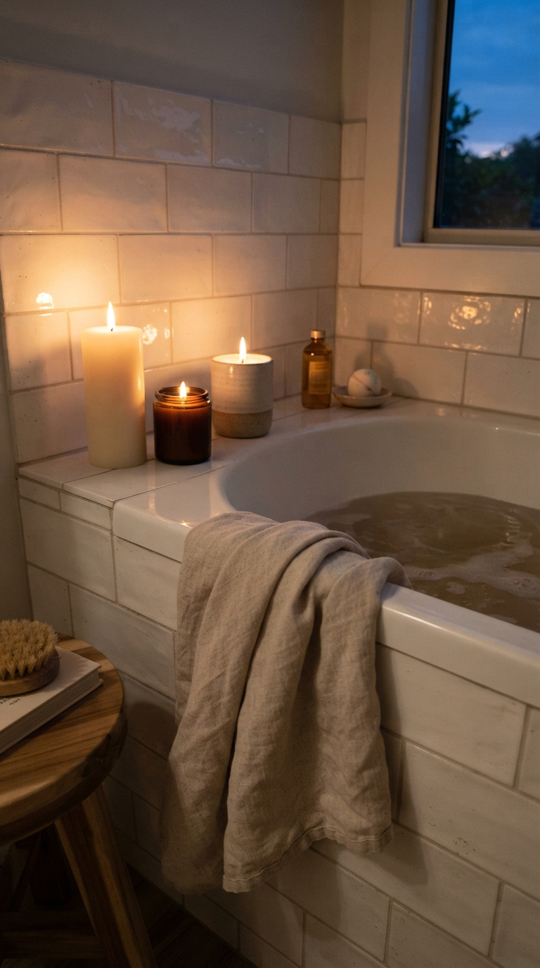 Candlelit bathtub corner with linen towel for cozy bath decor
