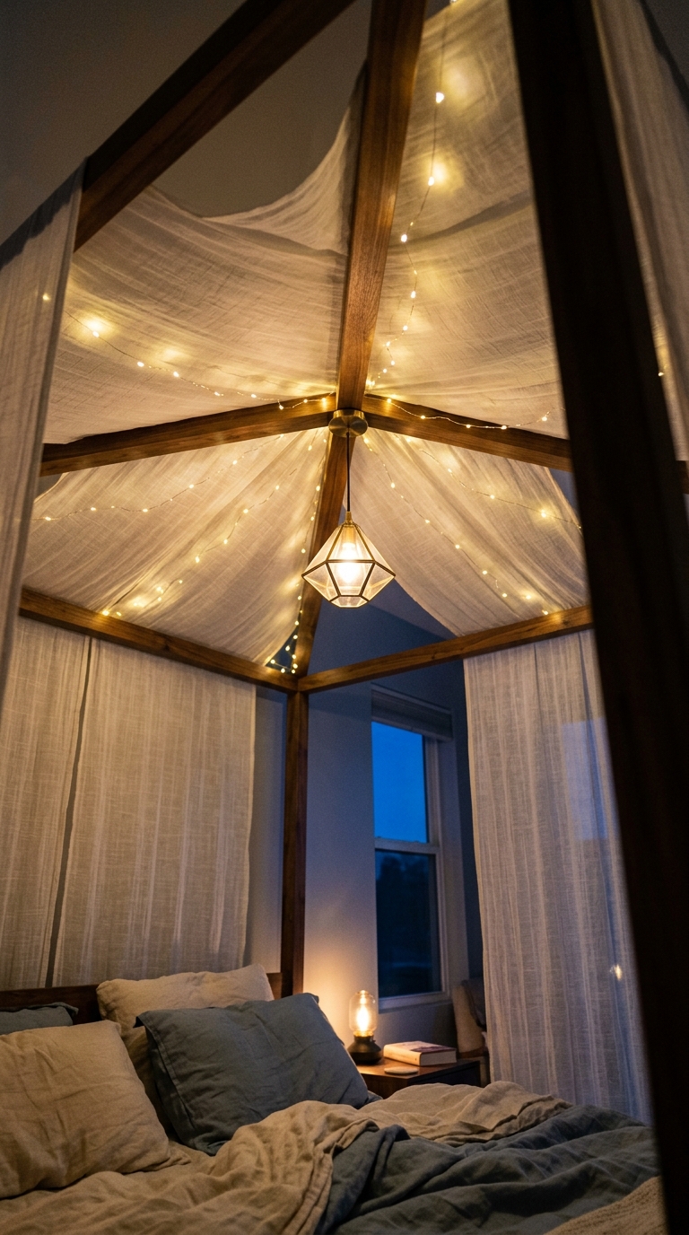Canopy bed with warm string lights glowing through the fabric