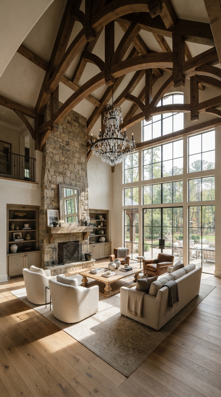 Collage of exposed wood beam trusses on a cathedral vaulted great room ceiling