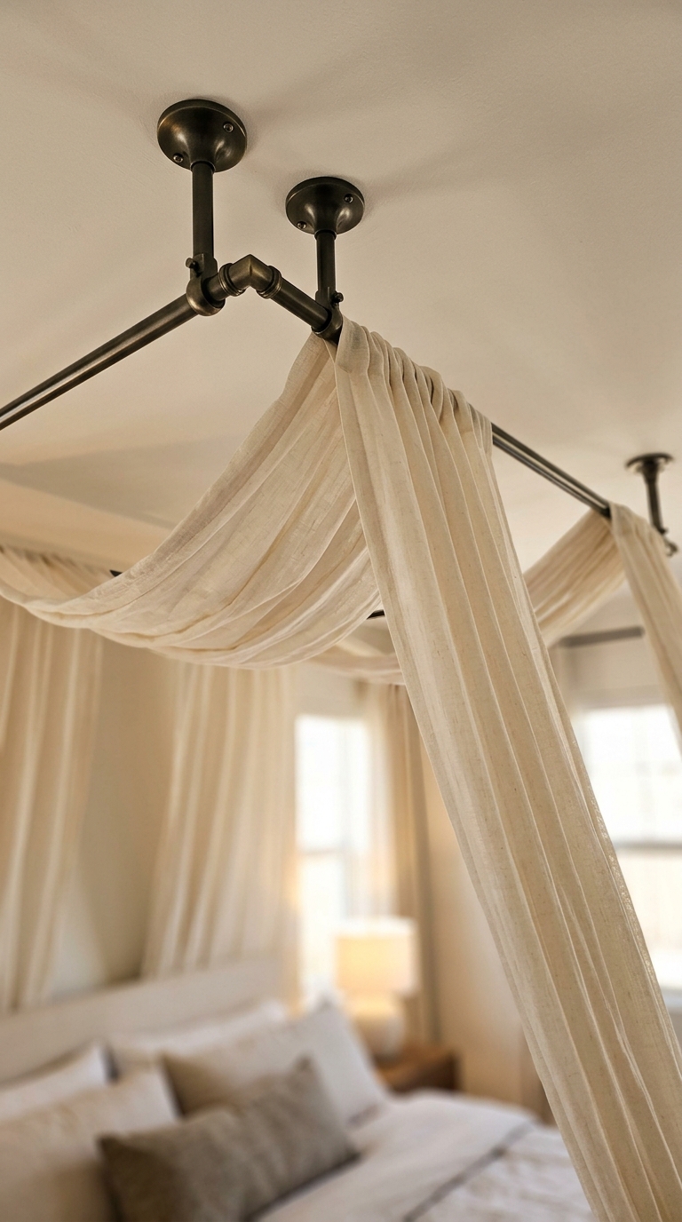 Ceiling-mounted canopy rods with fabric dropping to the floor