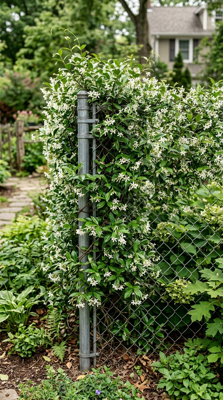 Star jasmine climbing and covering a chain-link fence.