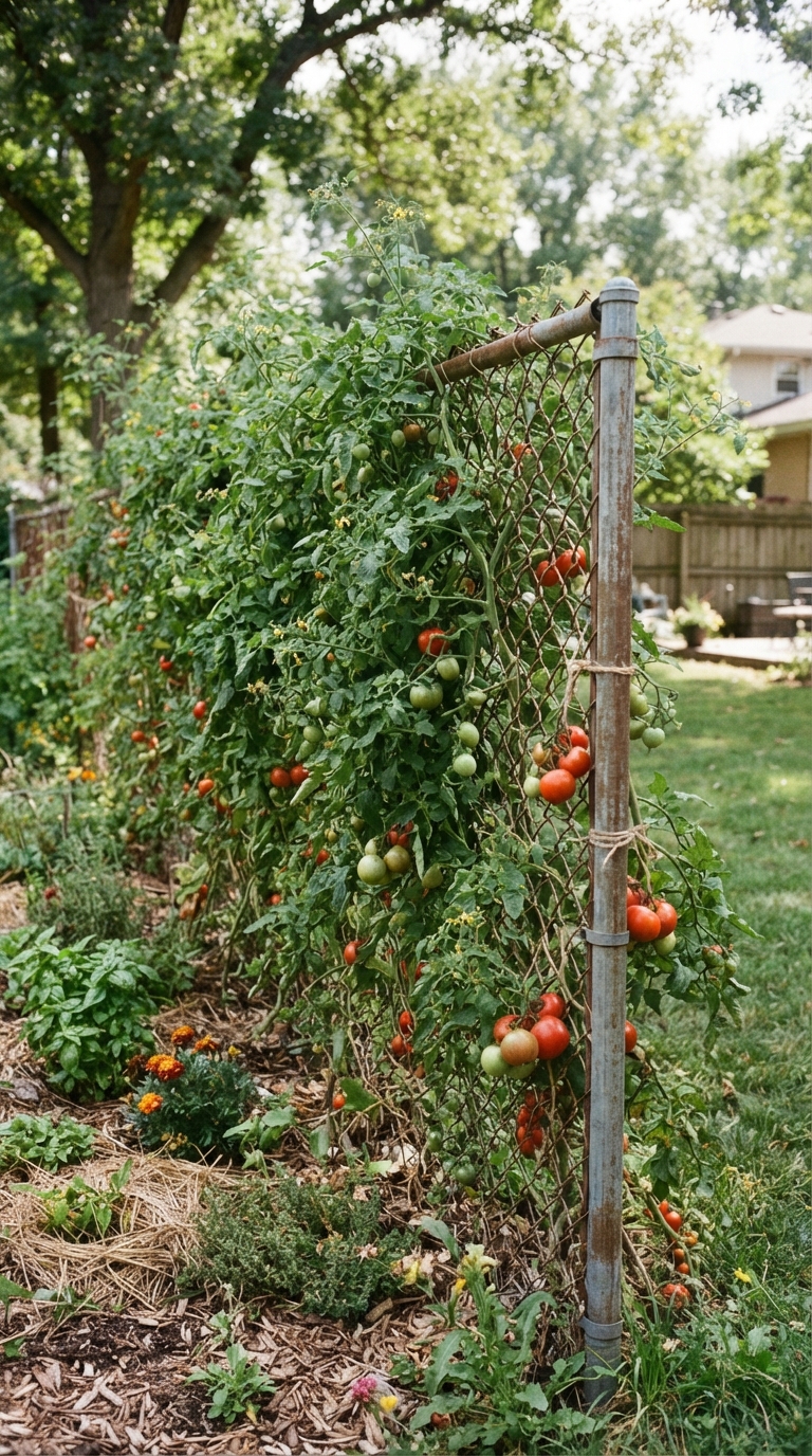 Tomato plants climbing a chain-link fence trellis in a backyard garden