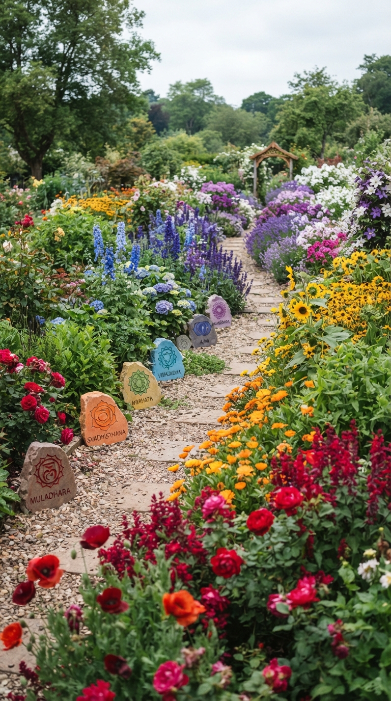 Color-graduated chakra garden zones with red to violet flowers along a winding path