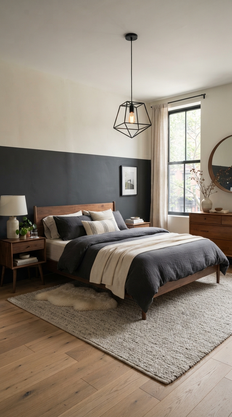 Charcoal and cream color-blocked bedroom wall for a moody fall aesthetic.