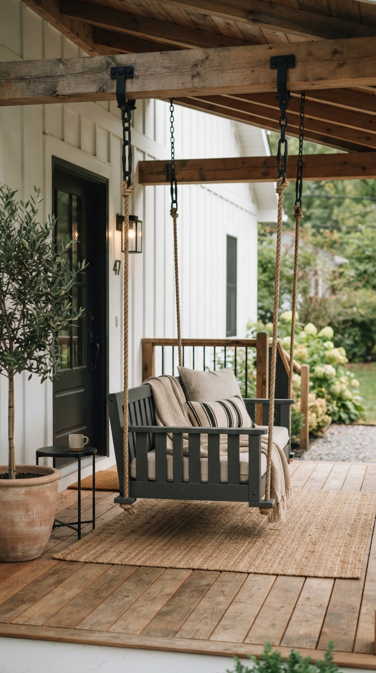 Charcoal gray porch swing color idea for a modern front porch