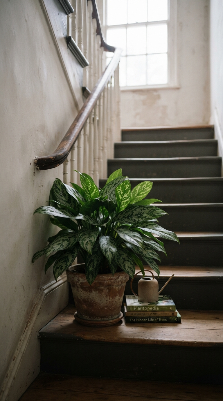 Chinese evergreen plant styled in a low-light stairwell corner.