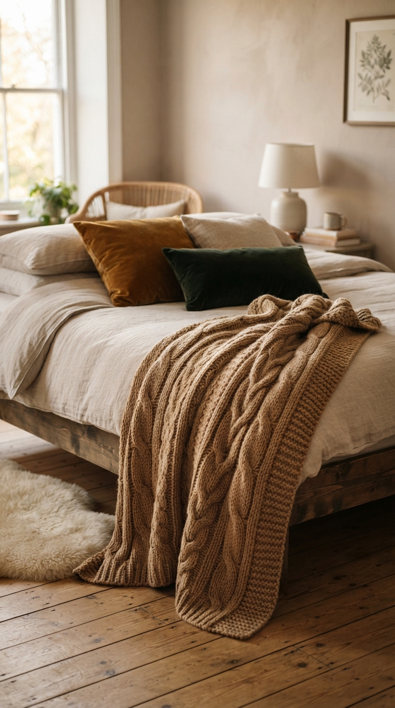 Chunky camel cable-knit throw styled in a moody fall bedroom