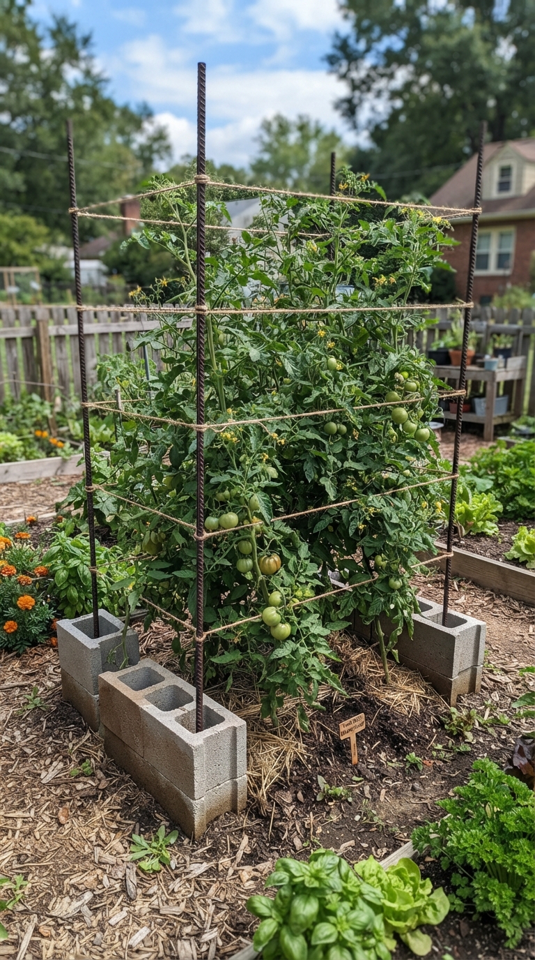 Cinder block and rebar trellis supporting tomato plants with twine supports