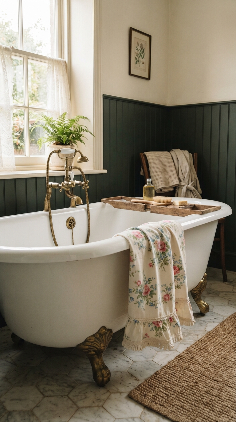 Vintage clawfoot bathtub decor with brass fixtures and floral towel
