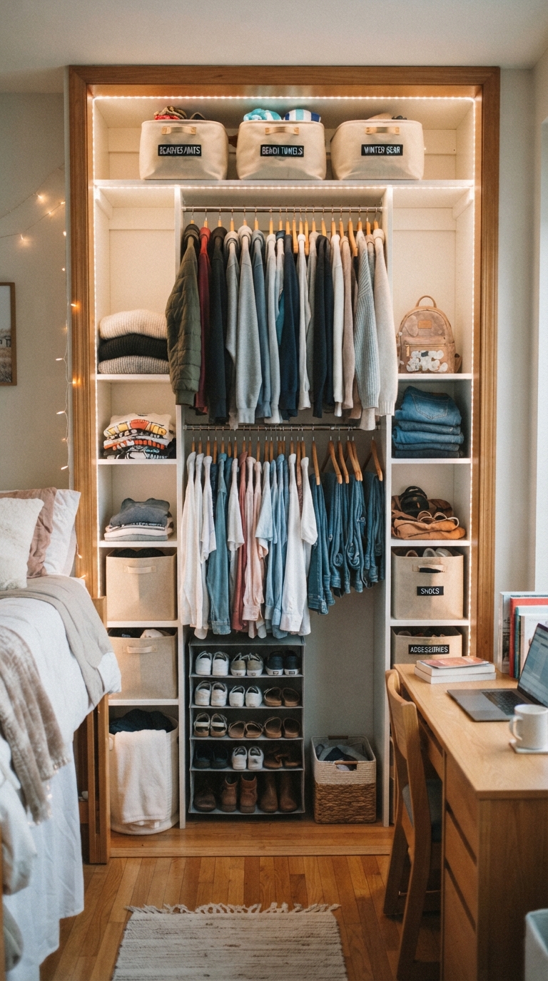 Dorm closet maximized with a second rod and storage bins