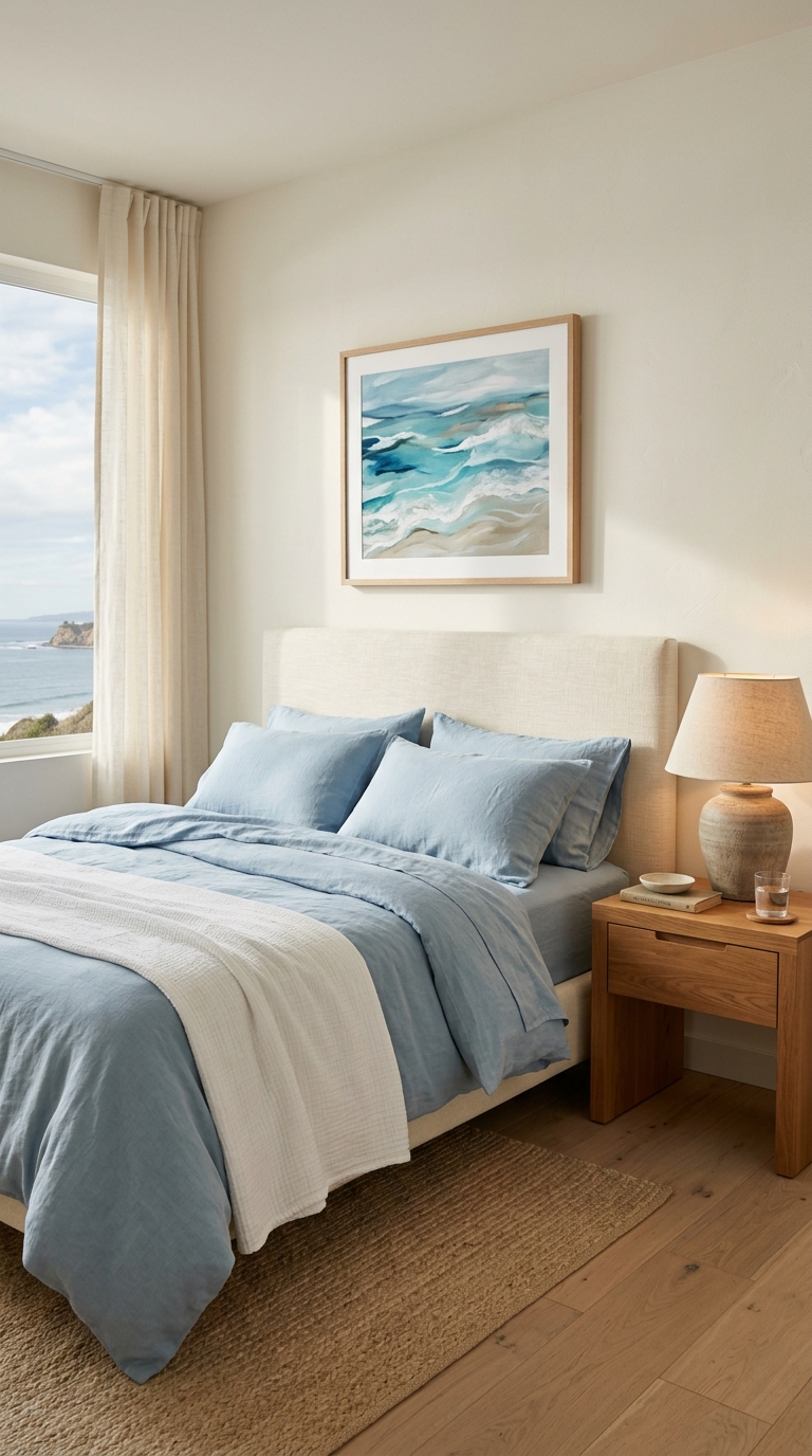 Single coastal art piece above a bedroom bed