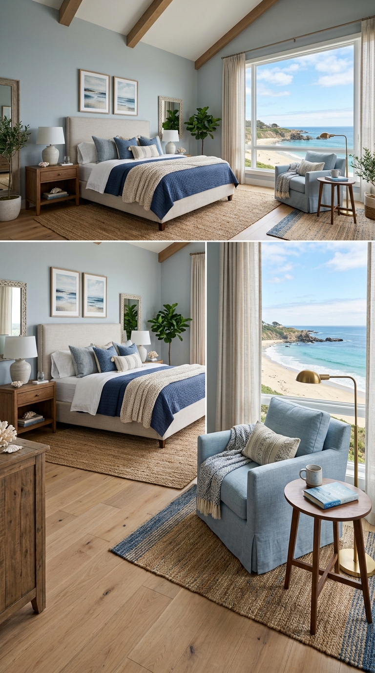 Coastal blue bedroom with a cozy sitting area