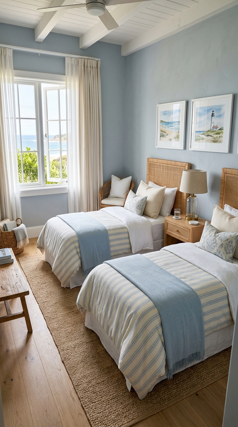 Coastal blue guest room with matching twin beds