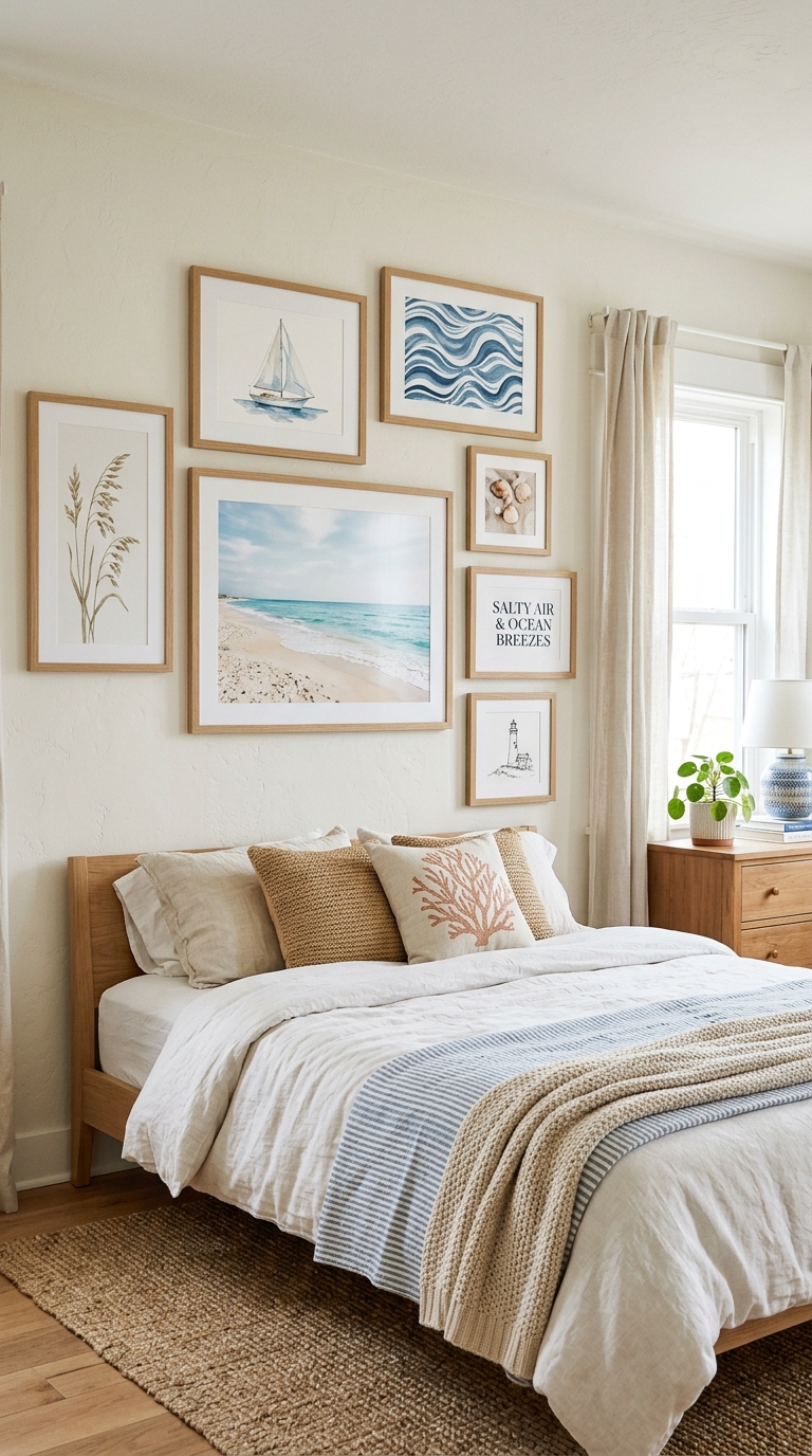 Coastal-style gallery wall with light wood frames