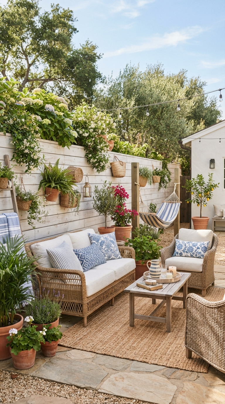 Coastal-style whitewashed horizontal wood fence idea for a backyard