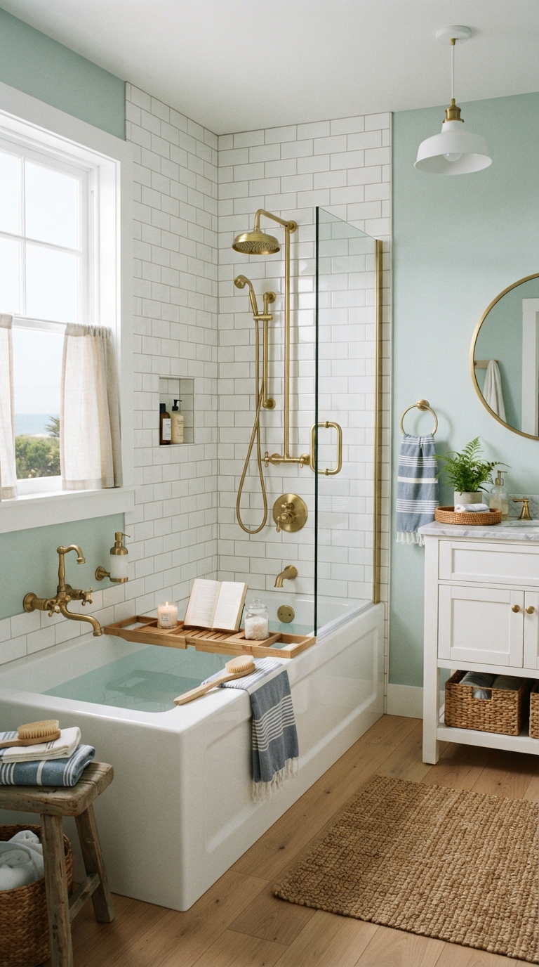 Coastal-style soaking tub and shower combo