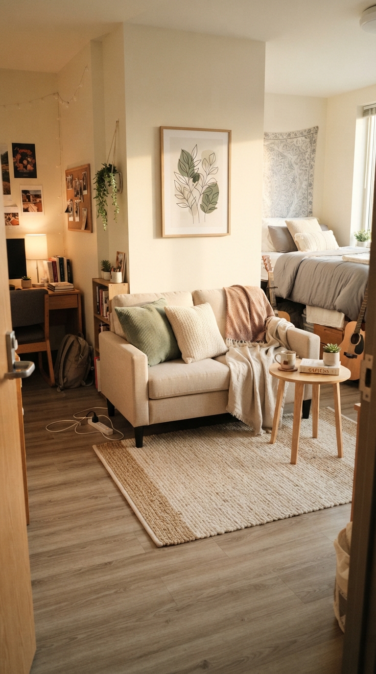 Small loveseat providing extra seating in a compact dorm room