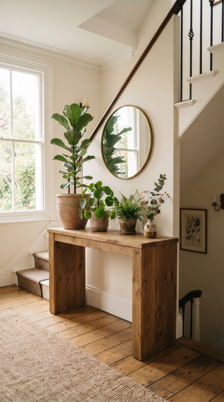 Console table styled with potted plants on a staircase landing