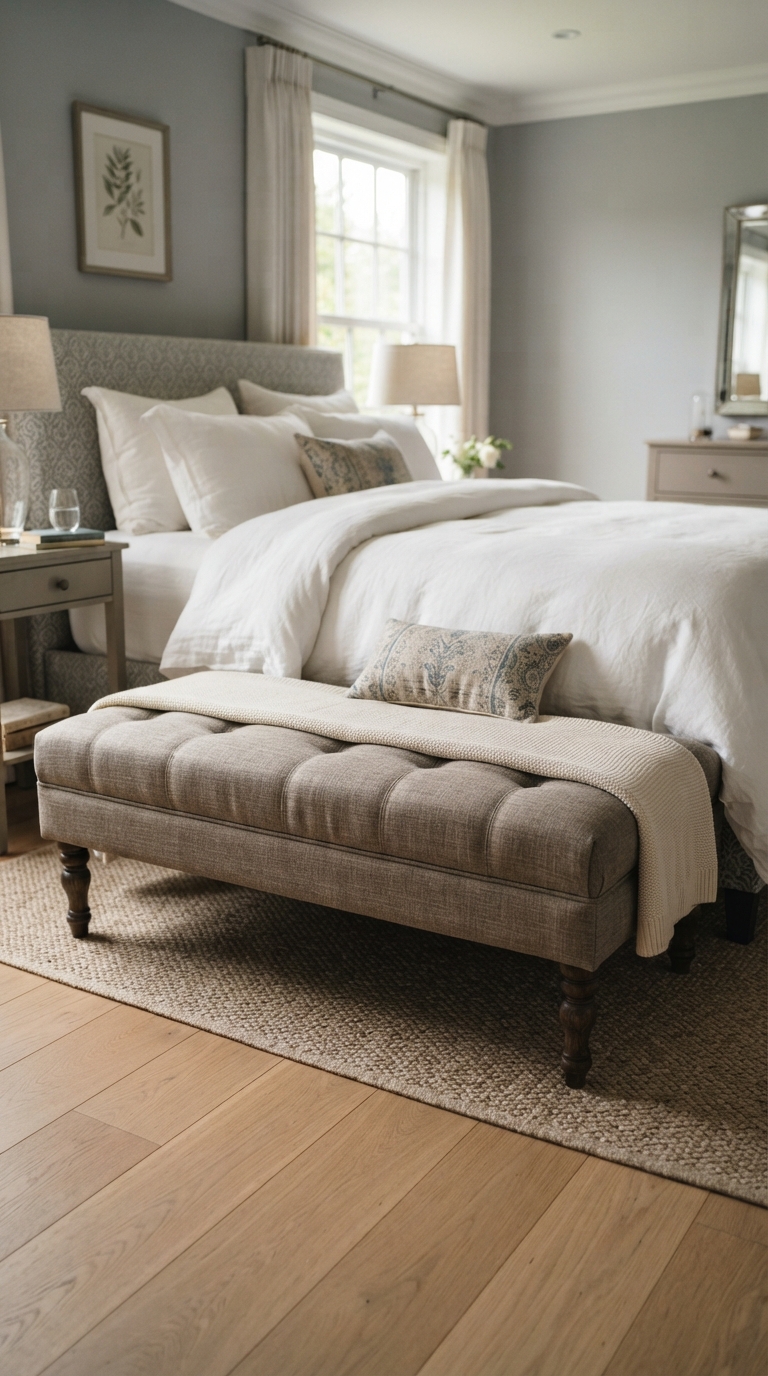 Upholstered bench at the foot of a contemporary bedroom bed