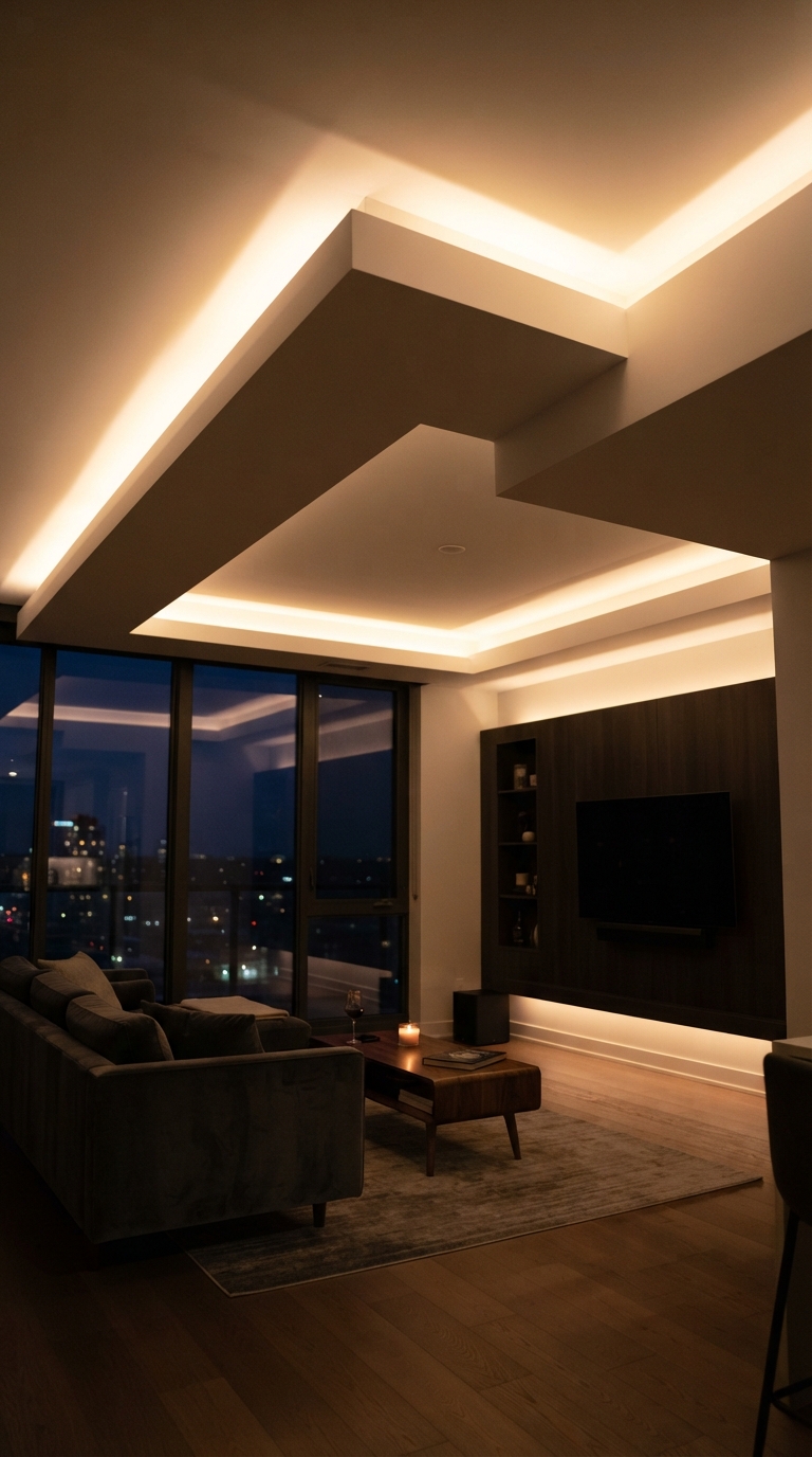 Hidden LED cove lighting behind a contemporary bedroom headboard
