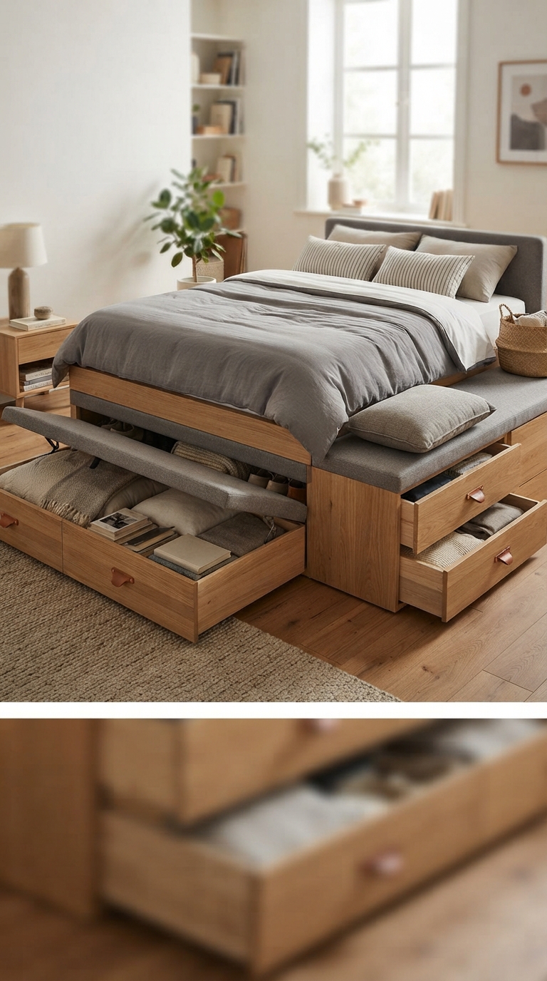 Multi-use storage bed frame in a small contemporary bedroom